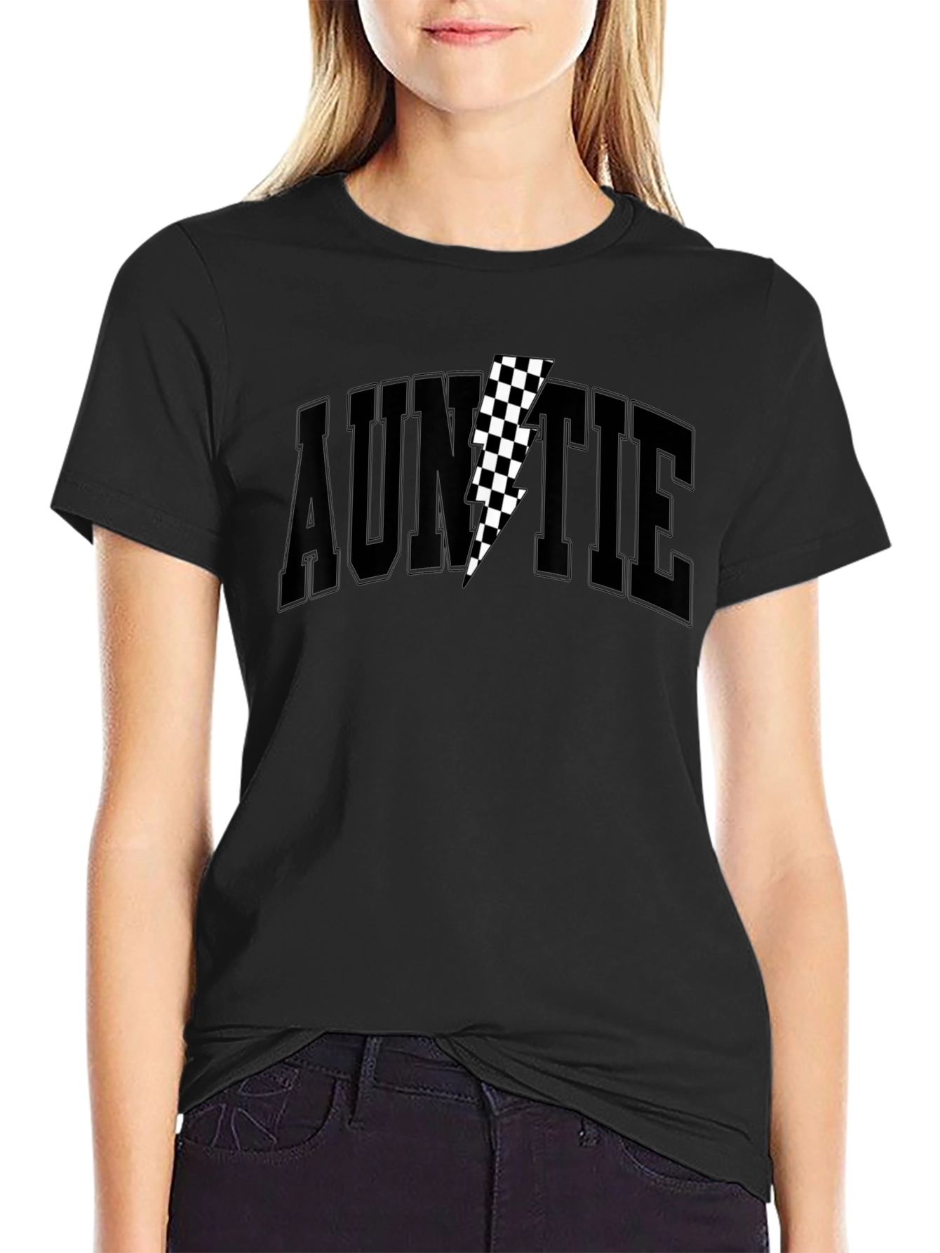 Auntie Black T-Shirt with Checkered Lightning Bolt
