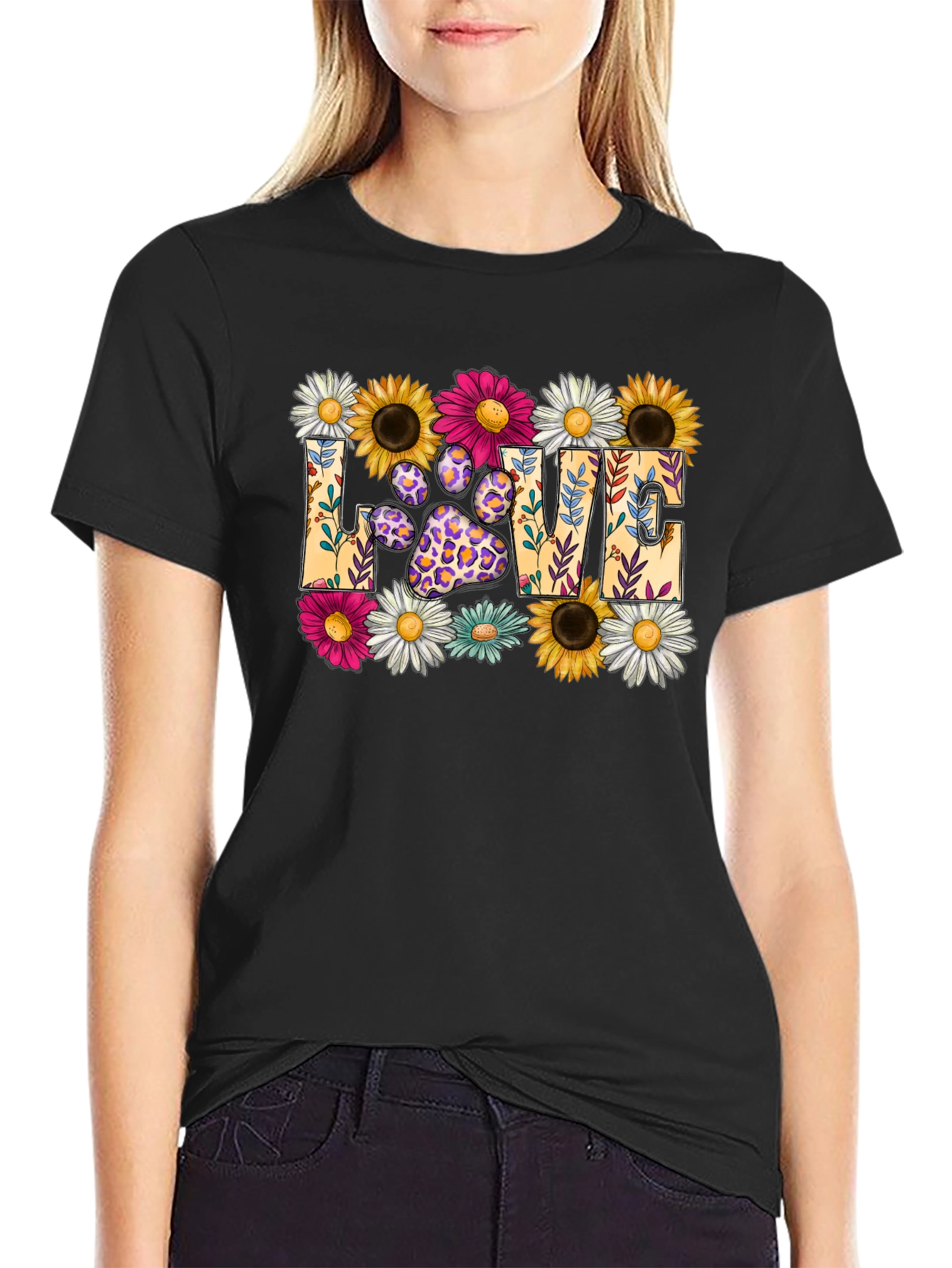 Floral Paw Print LOVE Graphic T-Shirt