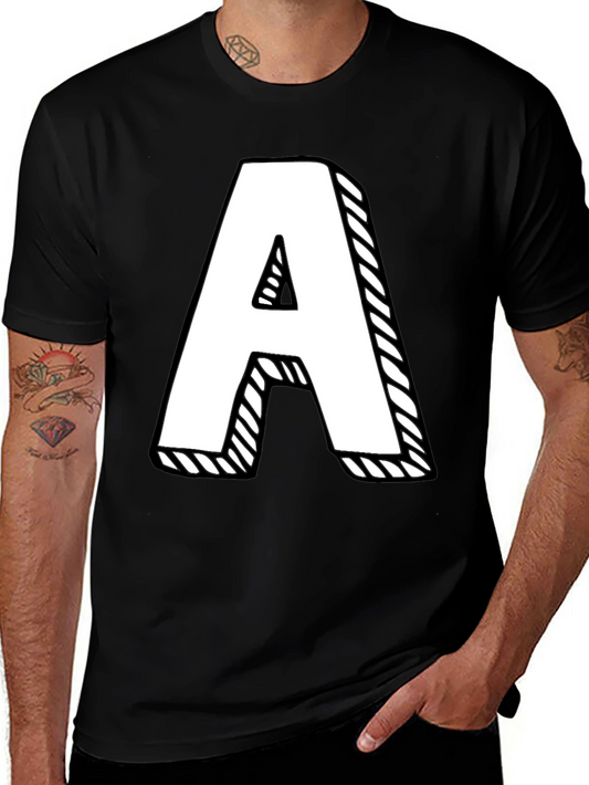 Letter A Graphic Tee - Black Cotton Casual Shirt