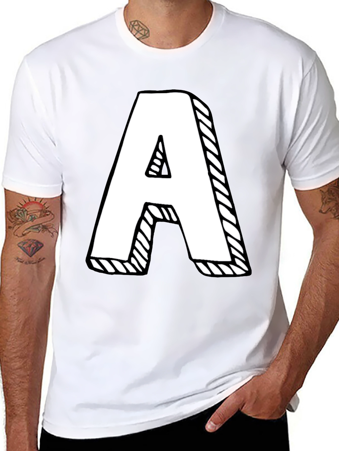 Letter A Graphic Tee - Black Cotton Casual Shirt