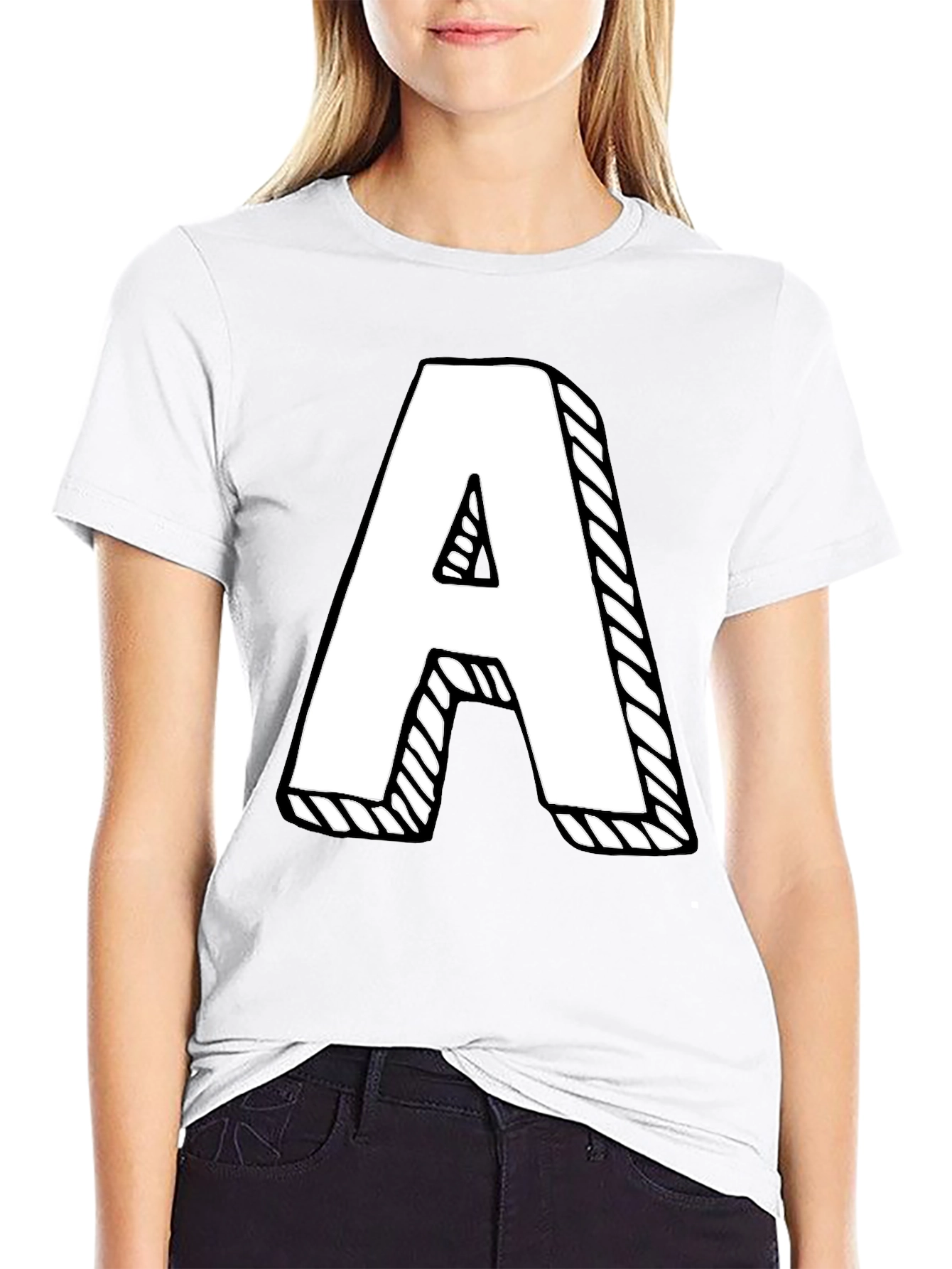 Letter A Graphic Tee - Black Cotton Casual Shirt