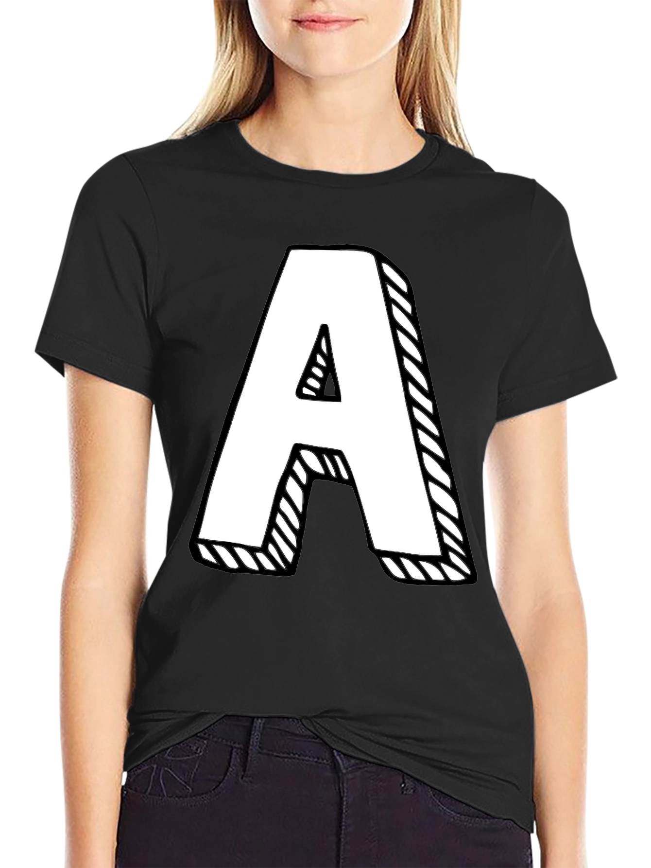 Letter A Graphic Tee - Black Cotton Casual Shirt