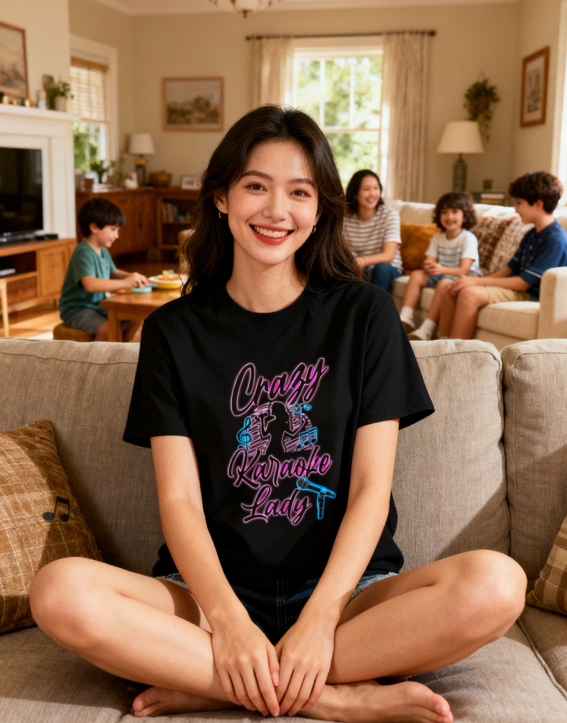 Crazy Karaoke Lady Neon Graphic T-Shirt - Karaoke Lover Casual Comfort Tee