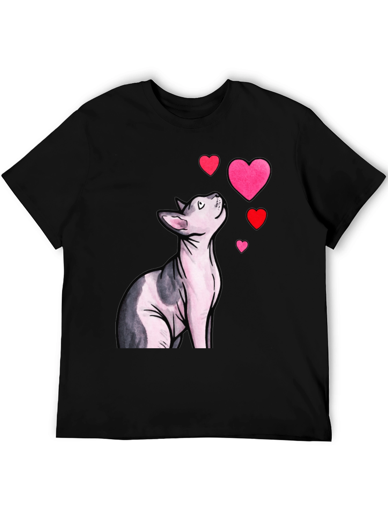 Sphynx Cat & Hearts Graphic T-Shirt - Black