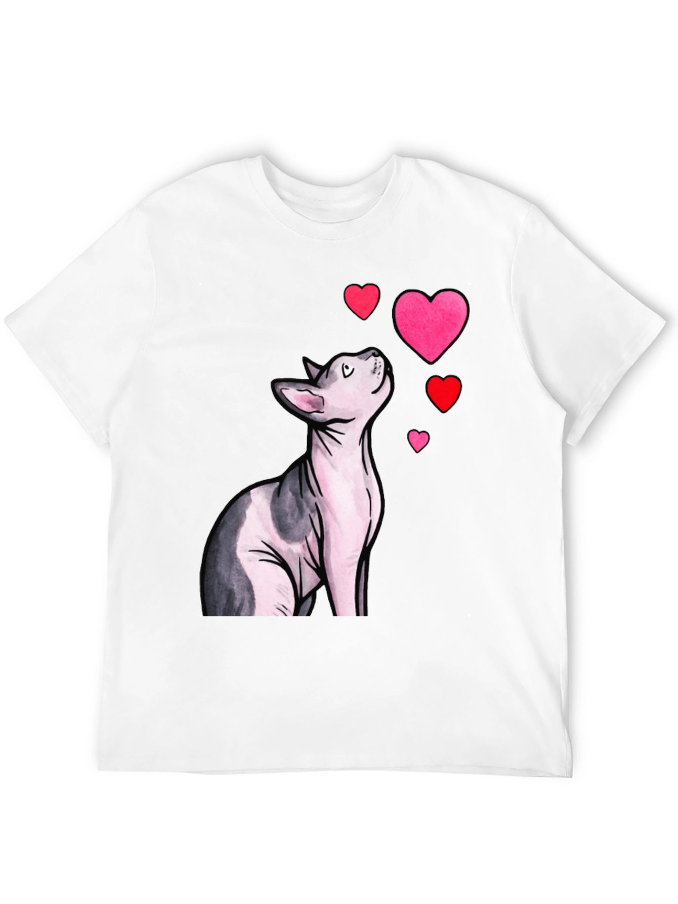 Sphynx Cat & Hearts Graphic T-Shirt - Black