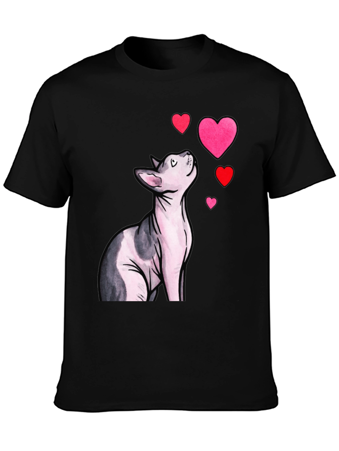 Sphynx Cat & Hearts Graphic T-Shirt - Black