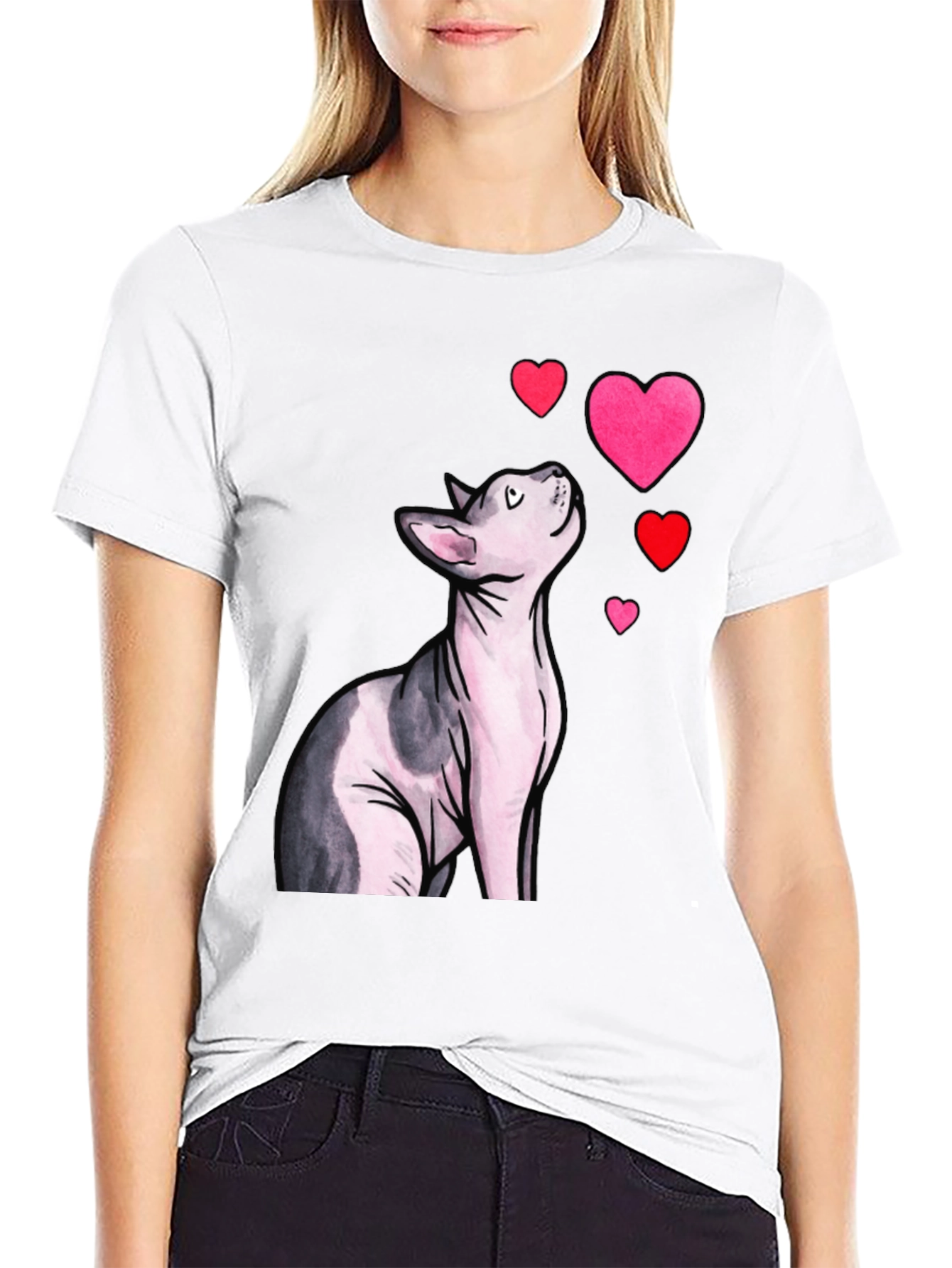 Sphynx Cat & Hearts Graphic T-Shirt - Black