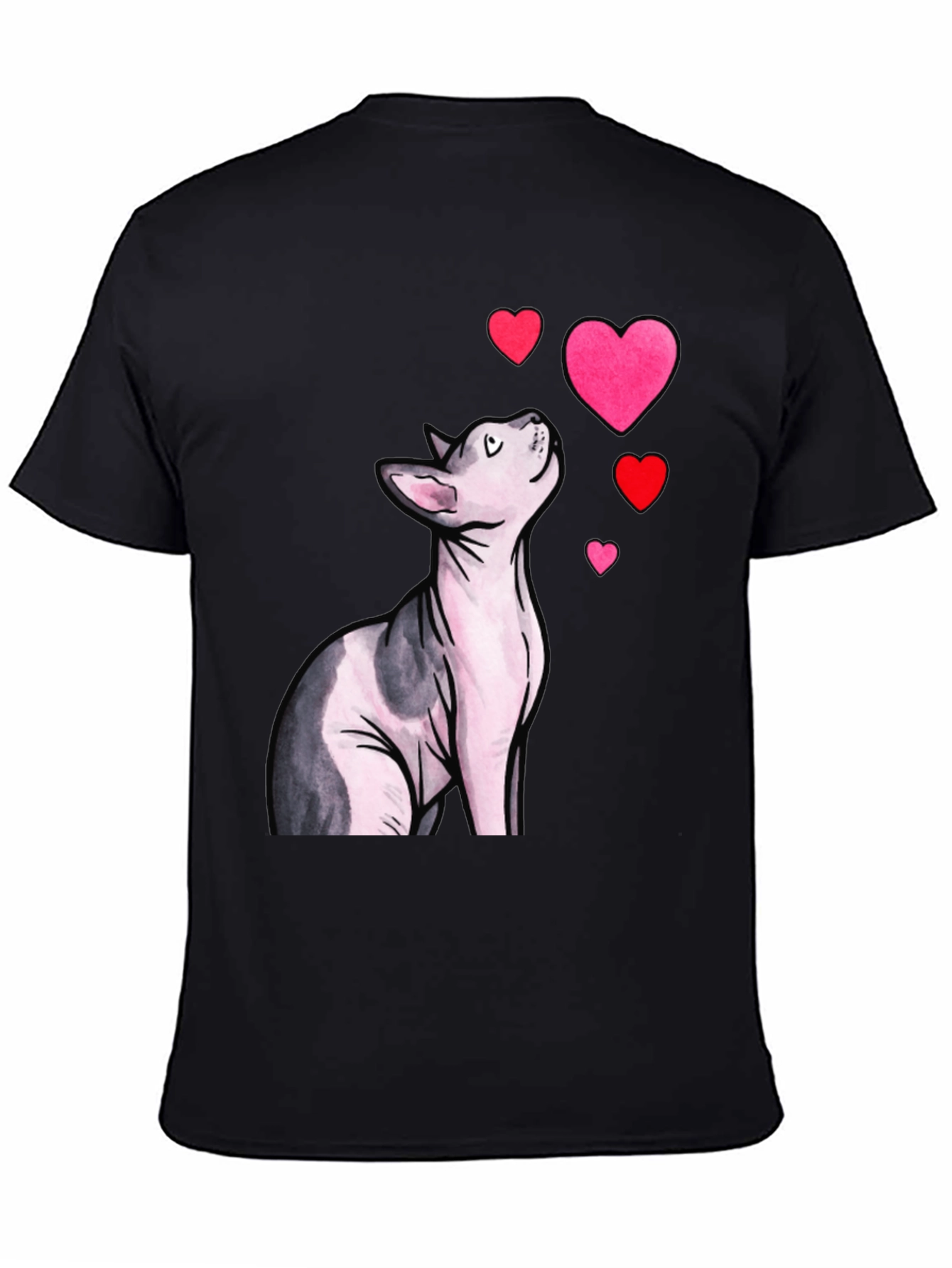 Sphynx Cat & Hearts Graphic T-Shirt - Black
