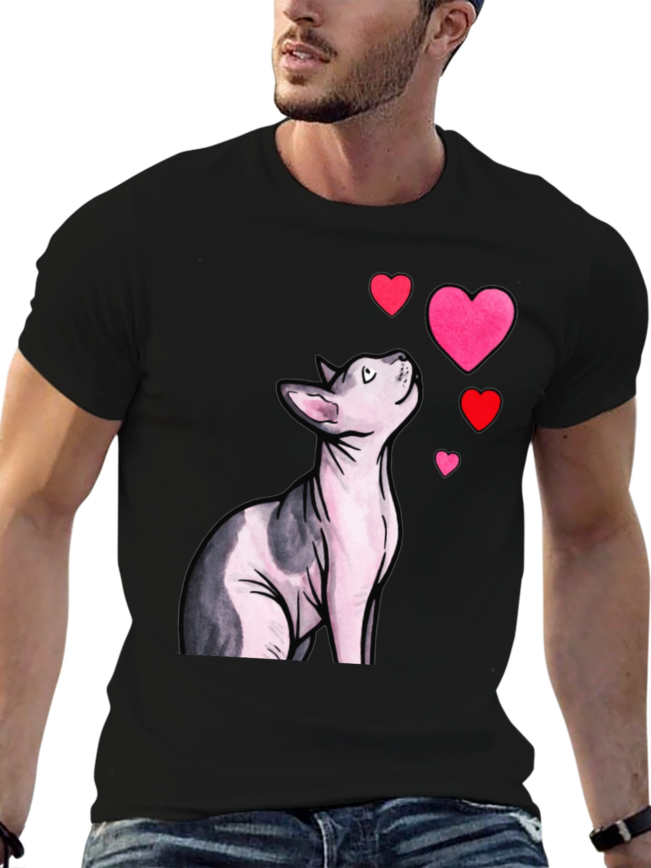 Sphynx Cat & Hearts Graphic T-Shirt - Black