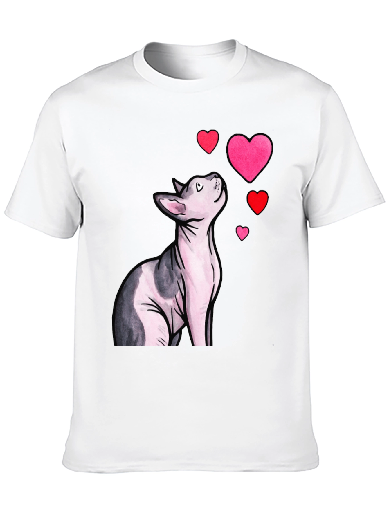 Sphynx Cat & Hearts Graphic T-Shirt - Black