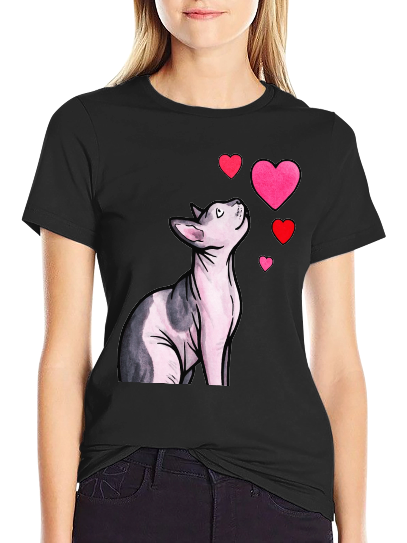 Sphynx Cat & Hearts Graphic T-Shirt - Black
