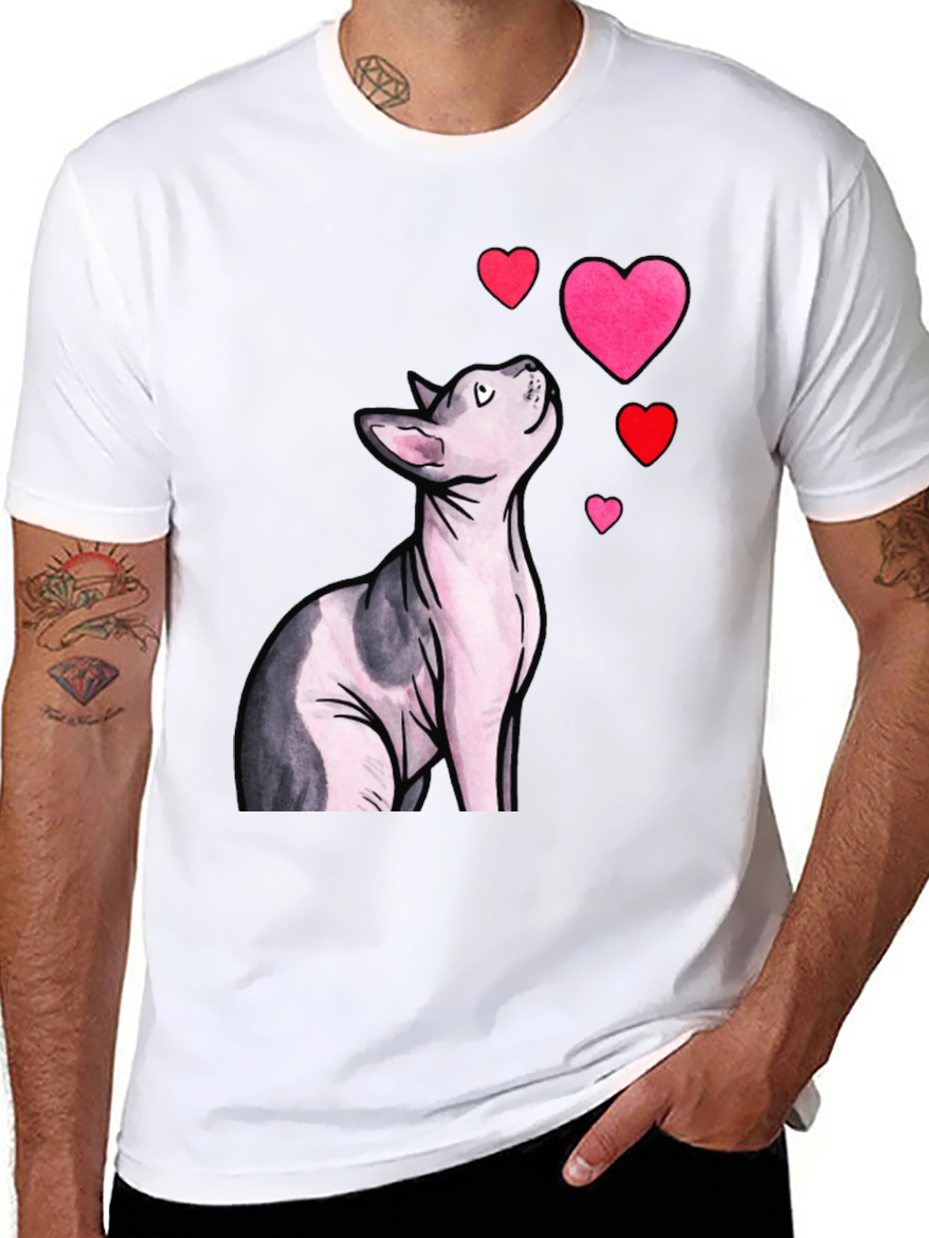 Sphynx Cat & Hearts Graphic T-Shirt - Black