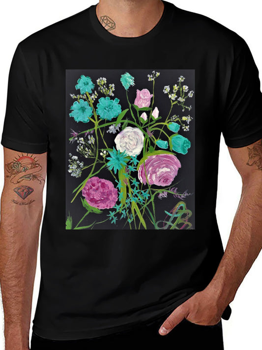 Floral Art Black T-Shirt - Unique Painted Design