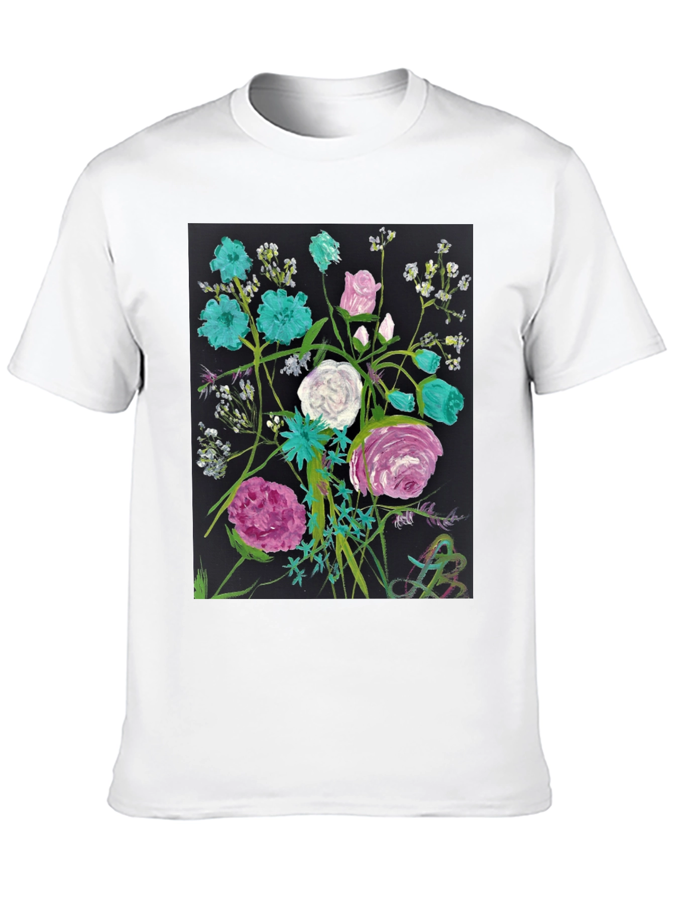 Floral Art Black T-Shirt - Unique Painted Design