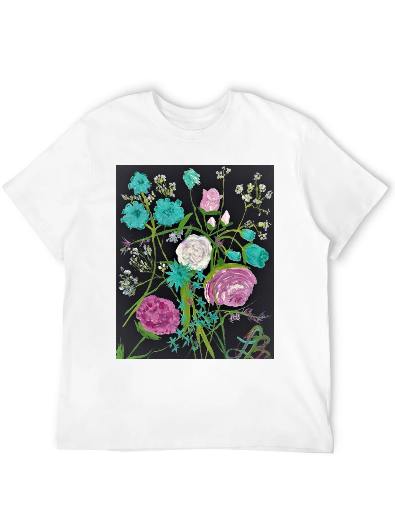 Floral Art Black T-Shirt - Unique Painted Design