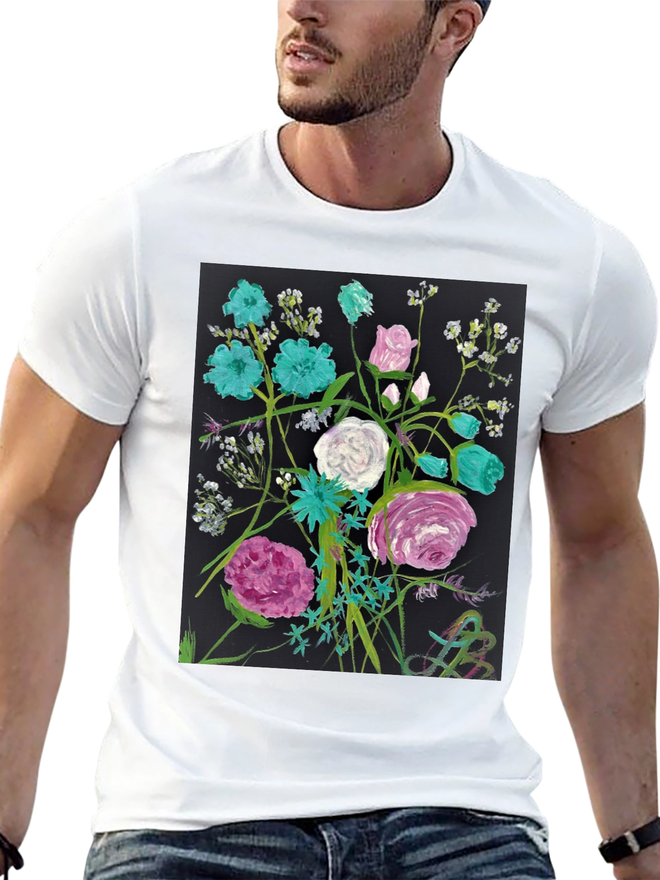 Floral Art Black T-Shirt - Unique Painted Design