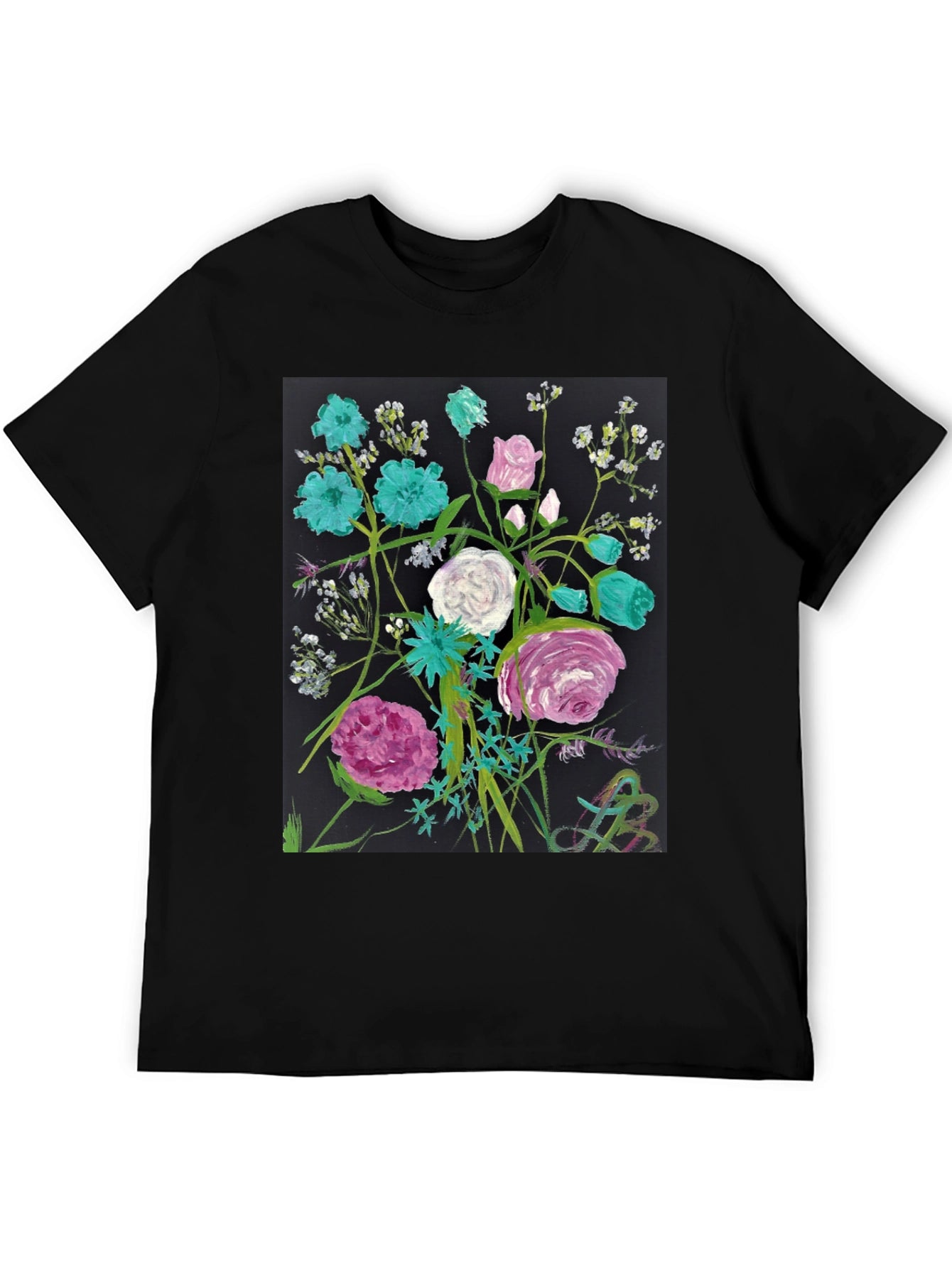Floral Art Black T-Shirt - Unique Painted Design