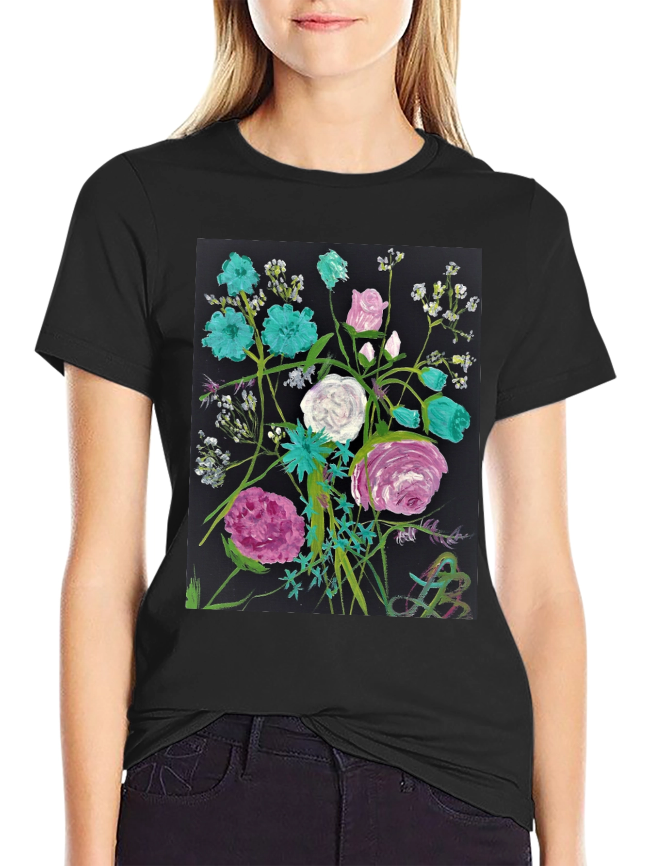 Floral Art Black T-Shirt - Unique Painted Design