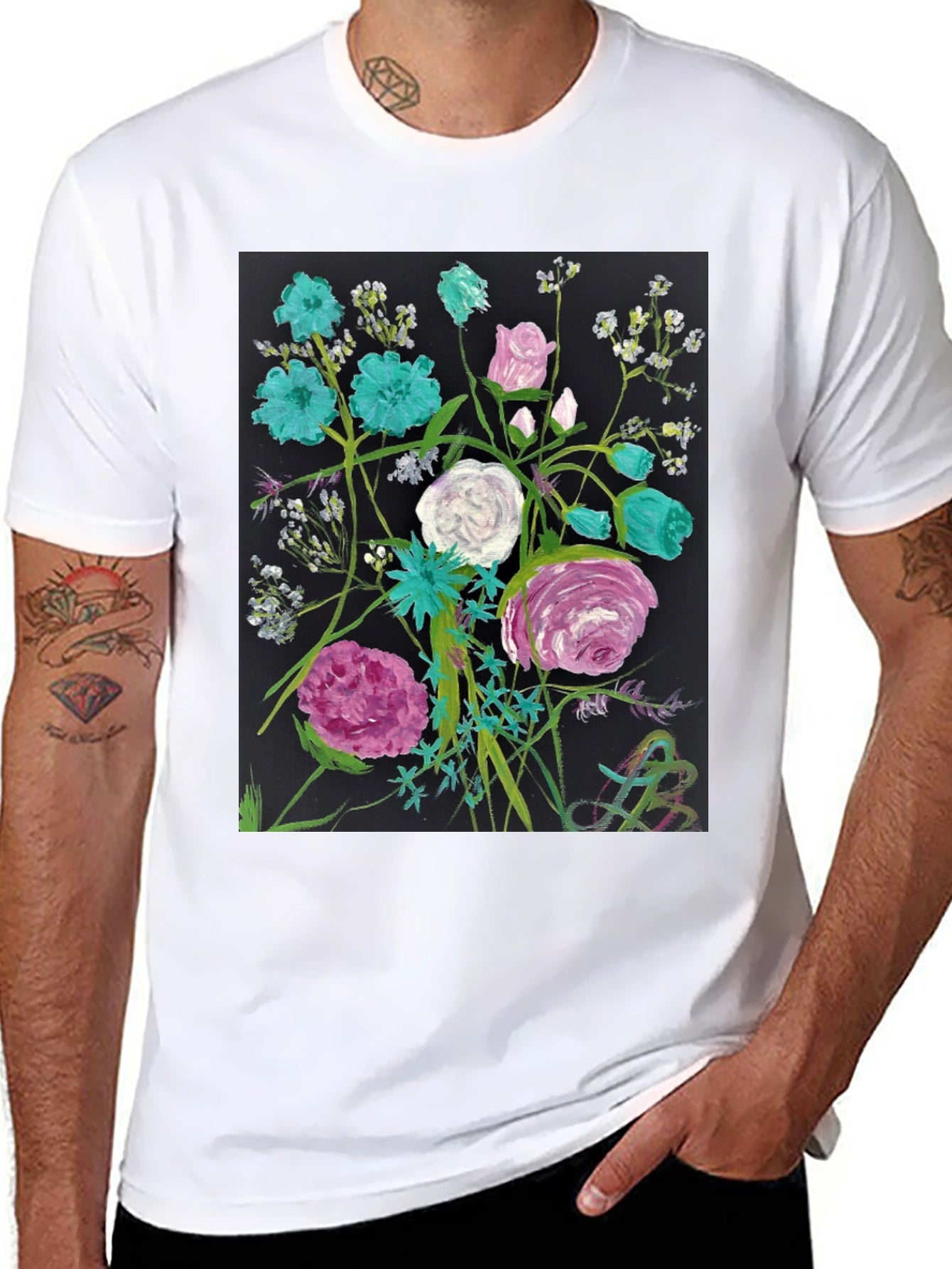 Floral Art Black T-Shirt - Unique Painted Design