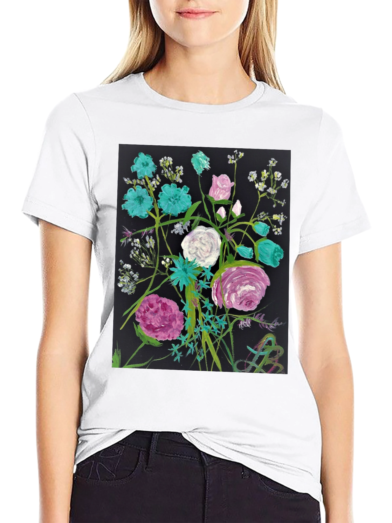 Floral Art Black T-Shirt - Unique Painted Design
