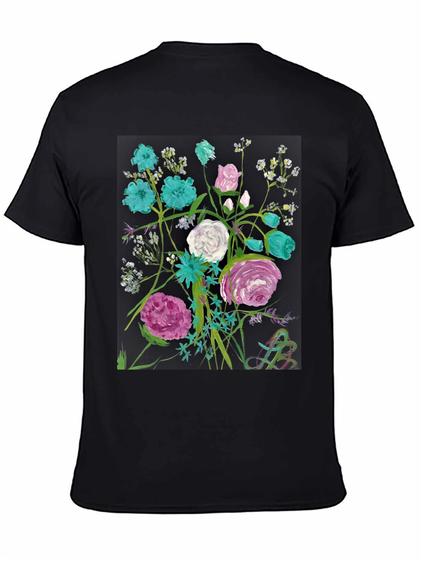 Floral Art Black T-Shirt - Unique Painted Design