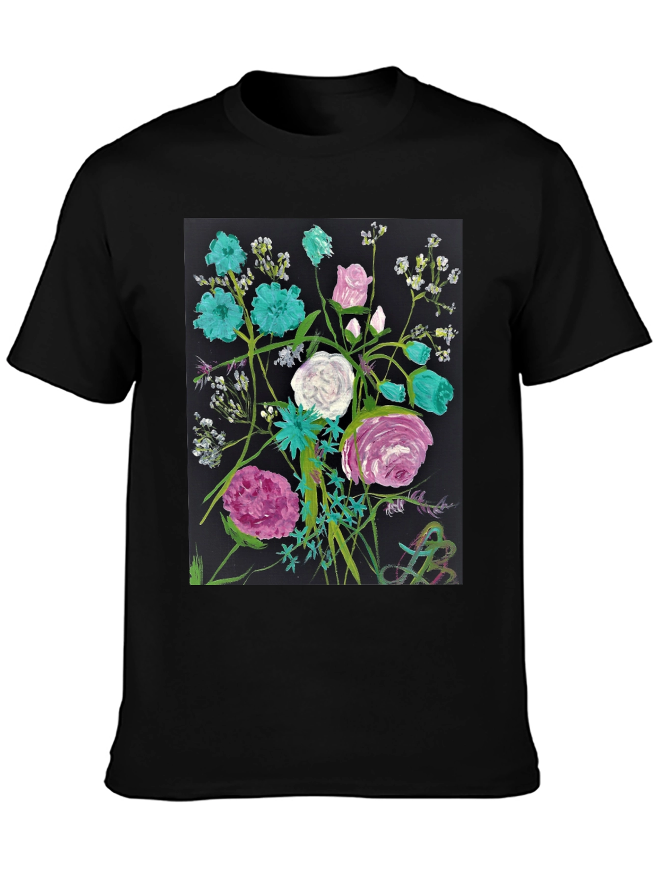 Floral Art Black T-Shirt - Unique Painted Design