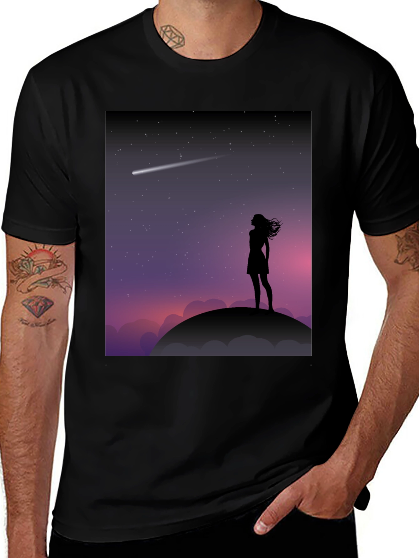 Silhouette Stargazer Tee - Women Stargazing Comet Graphic