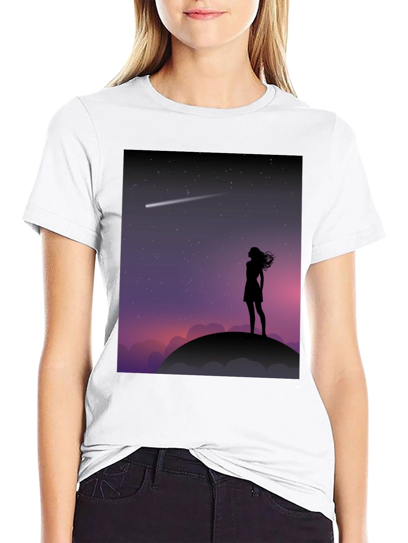 Silhouette Stargazer Tee - Women Stargazing Comet Graphic