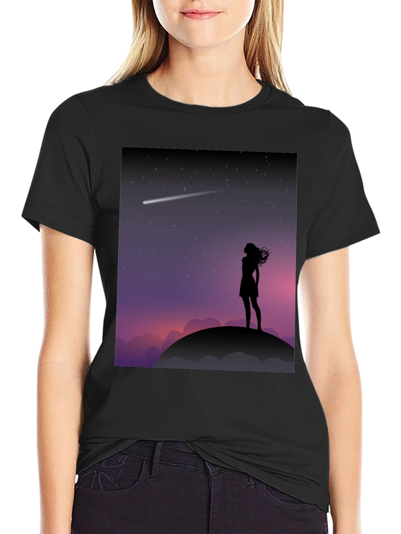 Silhouette Stargazer Tee - Women Stargazing Comet Graphic