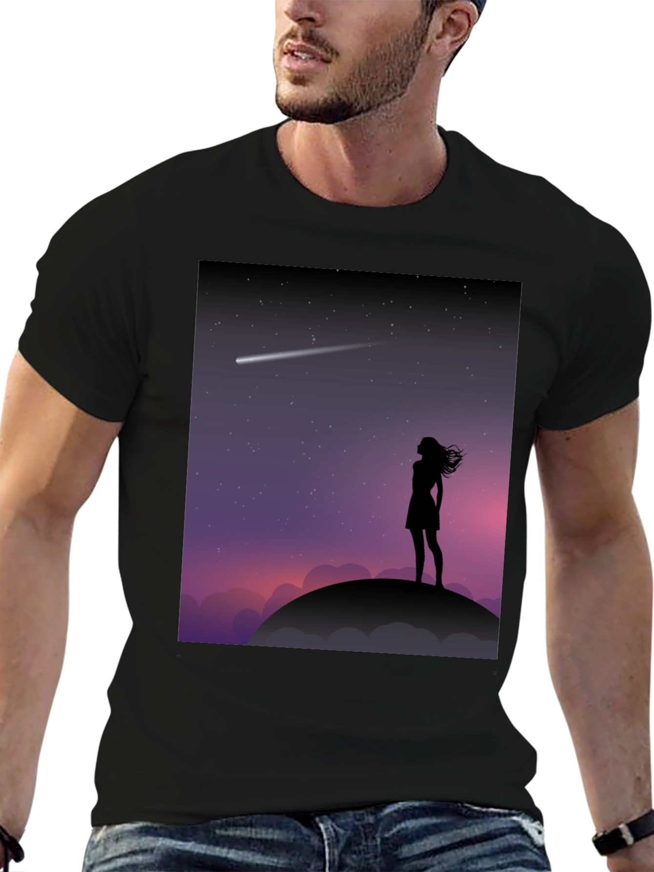Silhouette Stargazer Tee - Women Stargazing Comet Graphic