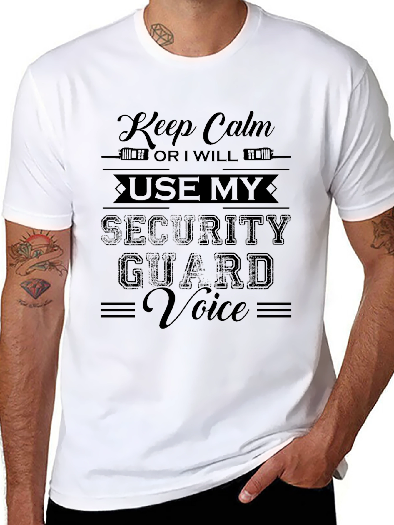 Keep Calm Security Guard Voice Black Graphic T-Shirt