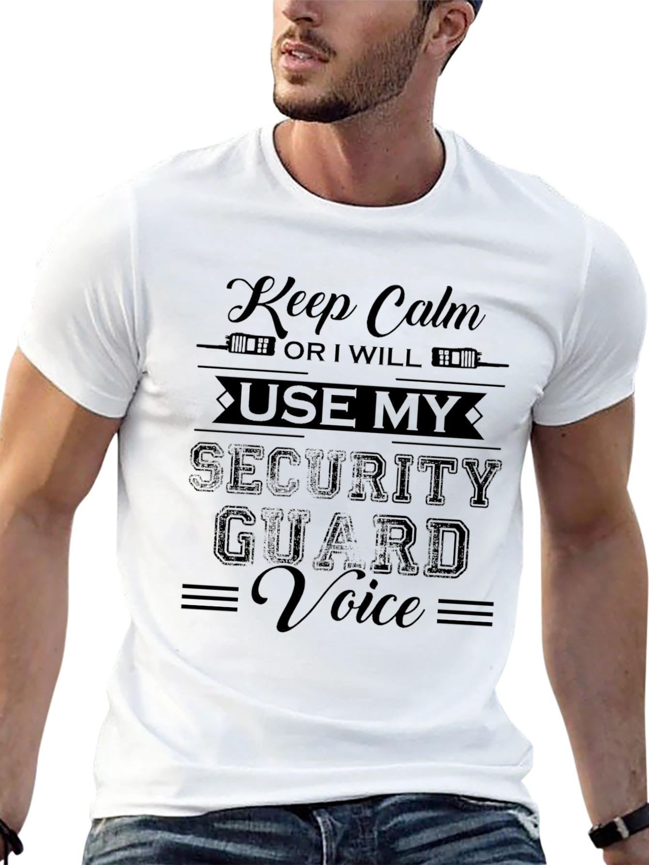 Keep Calm Security Guard Voice Black Graphic T-Shirt