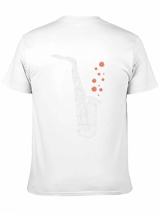 Saxophone Floral Print Black Cotton T-Shirt
