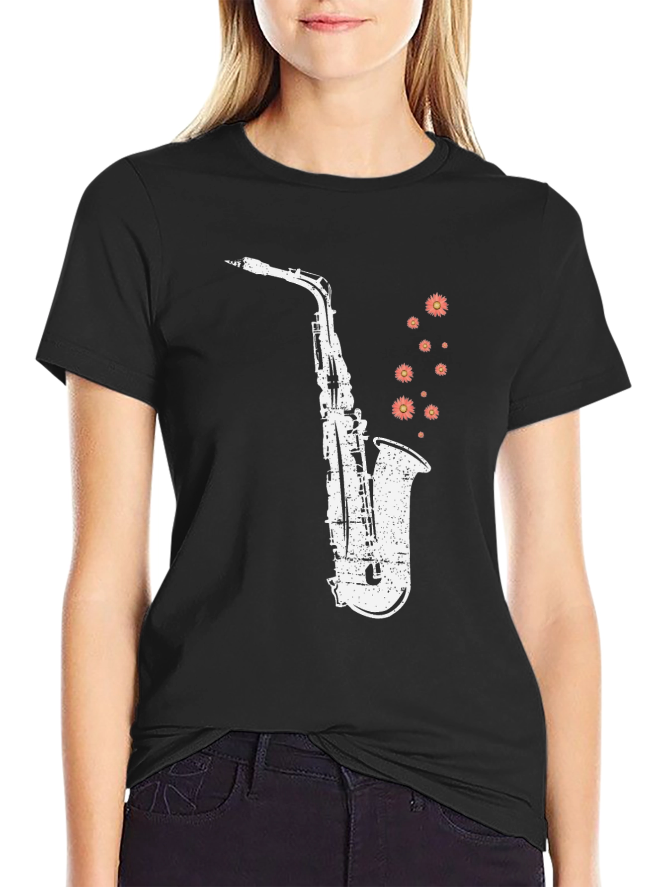 Saxophone Floral Print Black Cotton T-Shirt