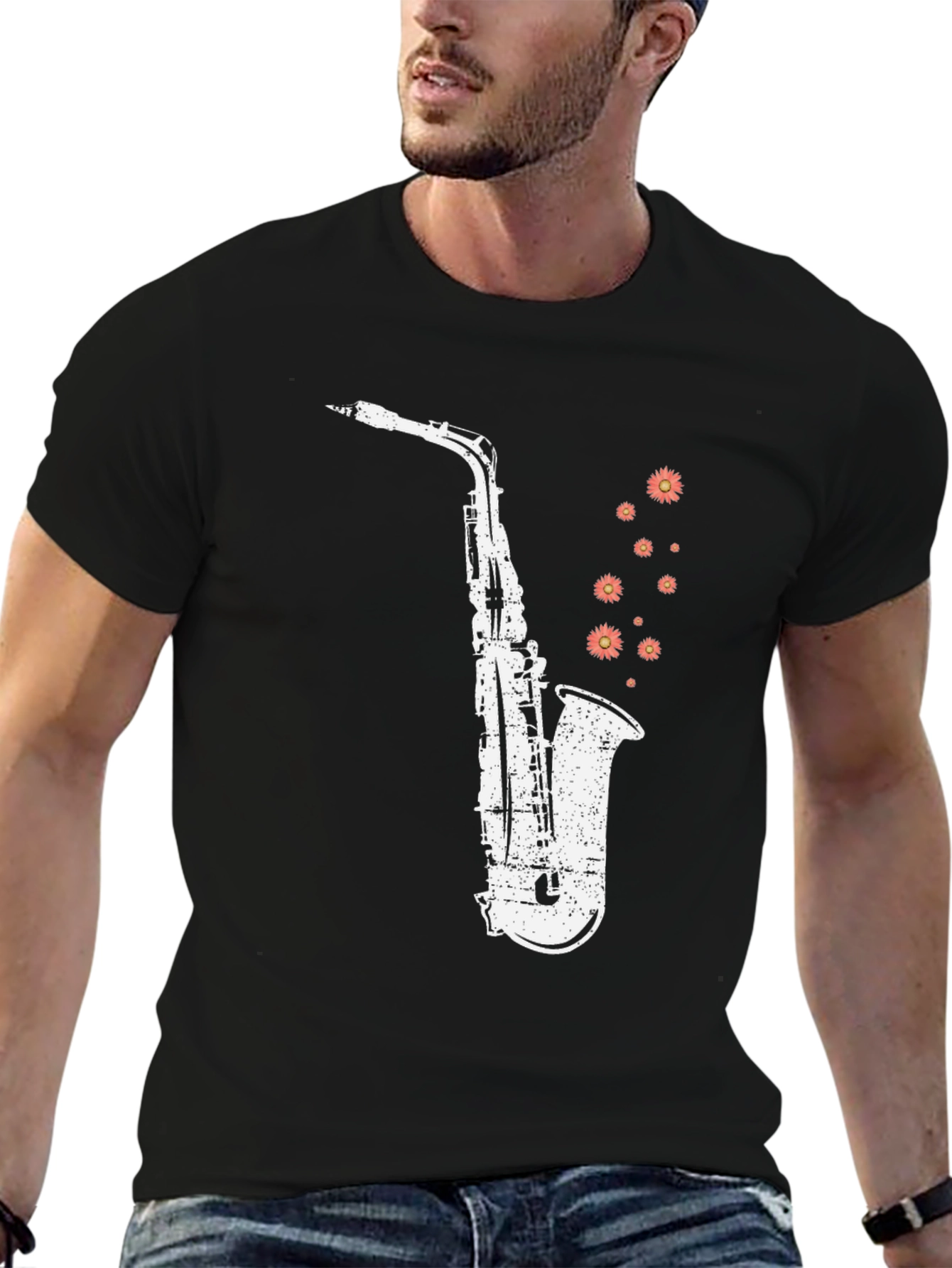 Saxophone Floral Print Black Cotton T-Shirt