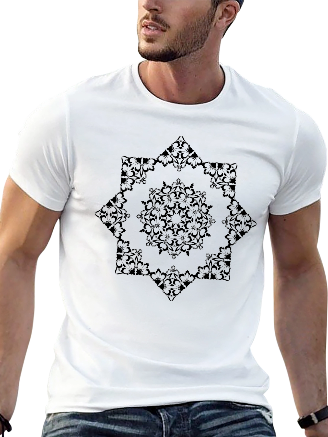Elegant Floral Mandala Graphic Black T-Shirt