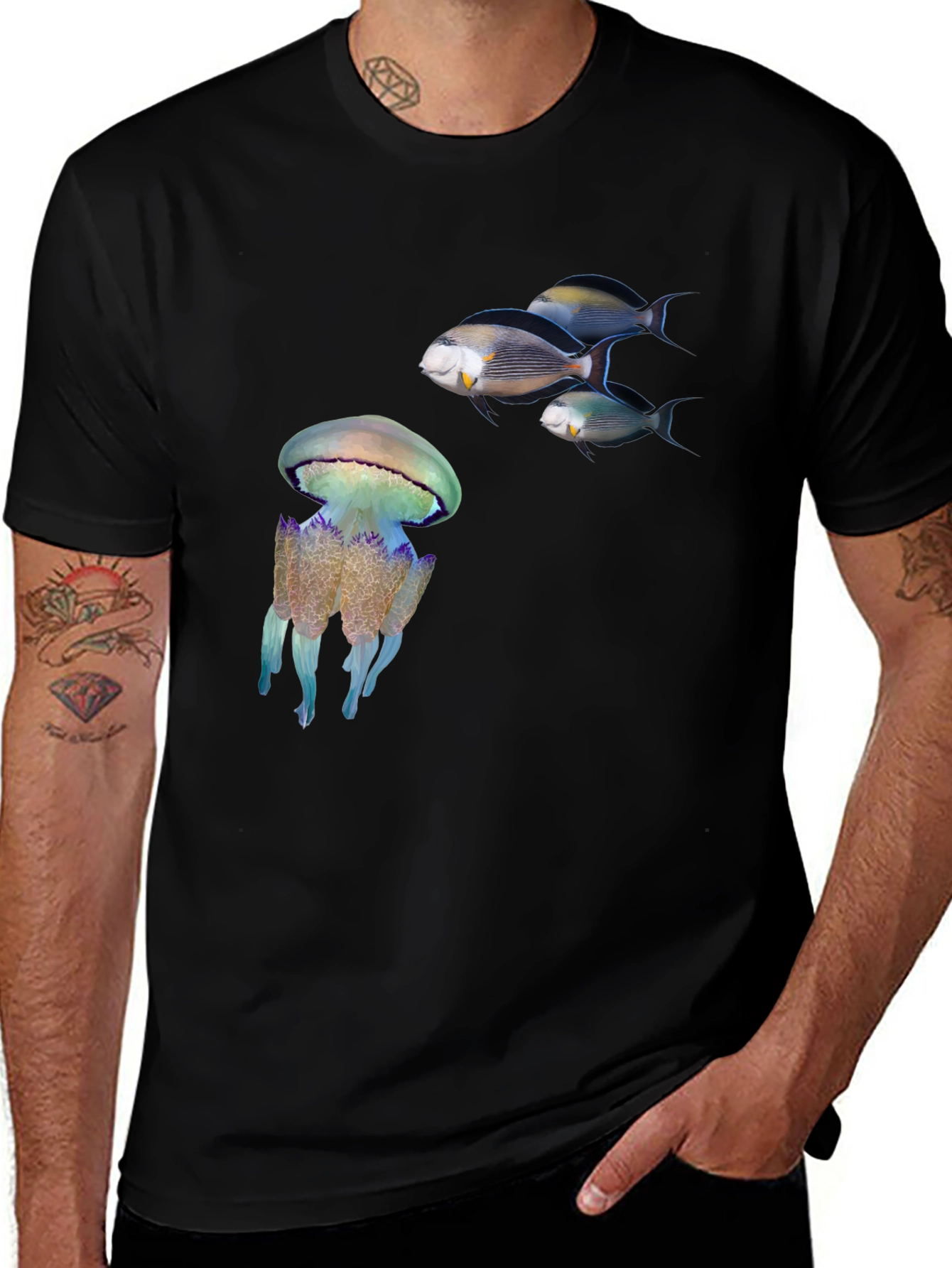 Ocean Life Black T-Shirt: Jellyfish & Fish