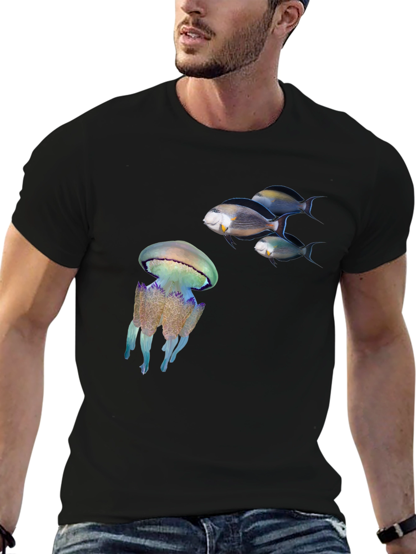Ocean Life Black T-Shirt: Jellyfish & Fish