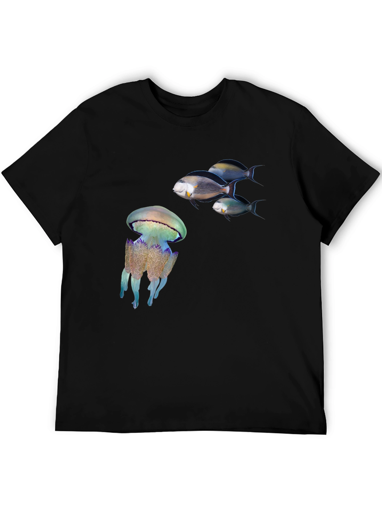 Ocean Life Black T-Shirt: Jellyfish & Fish