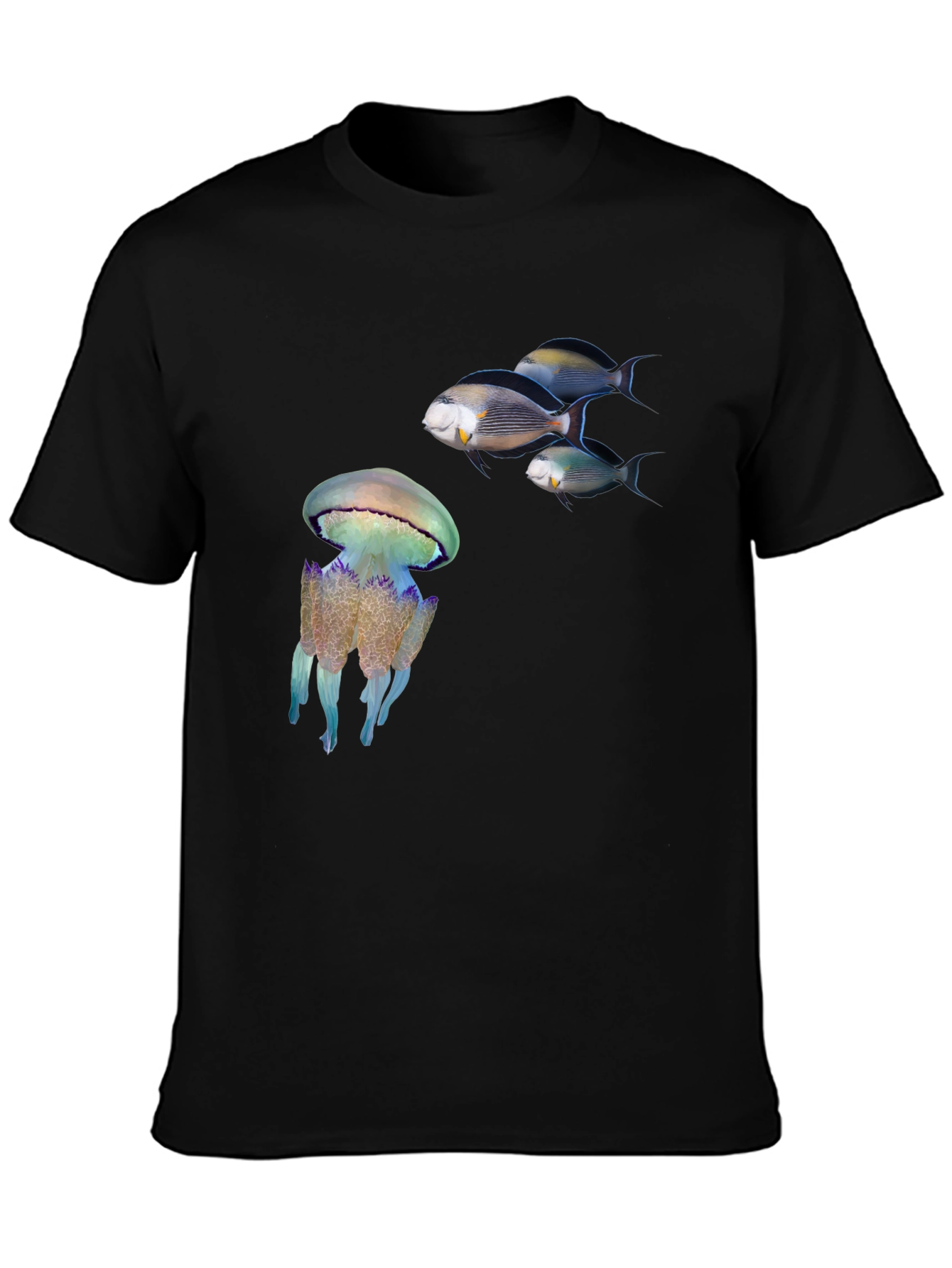 Ocean Life Black T-Shirt: Jellyfish & Fish