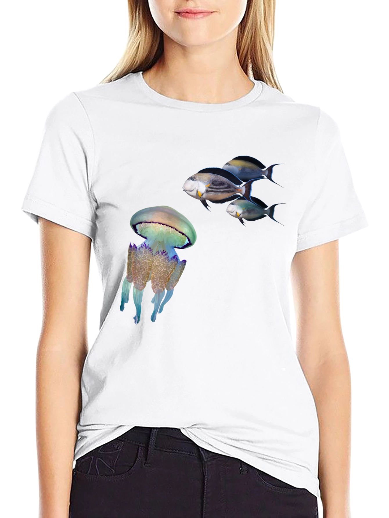 Ocean Life Black T-Shirt: Jellyfish & Fish