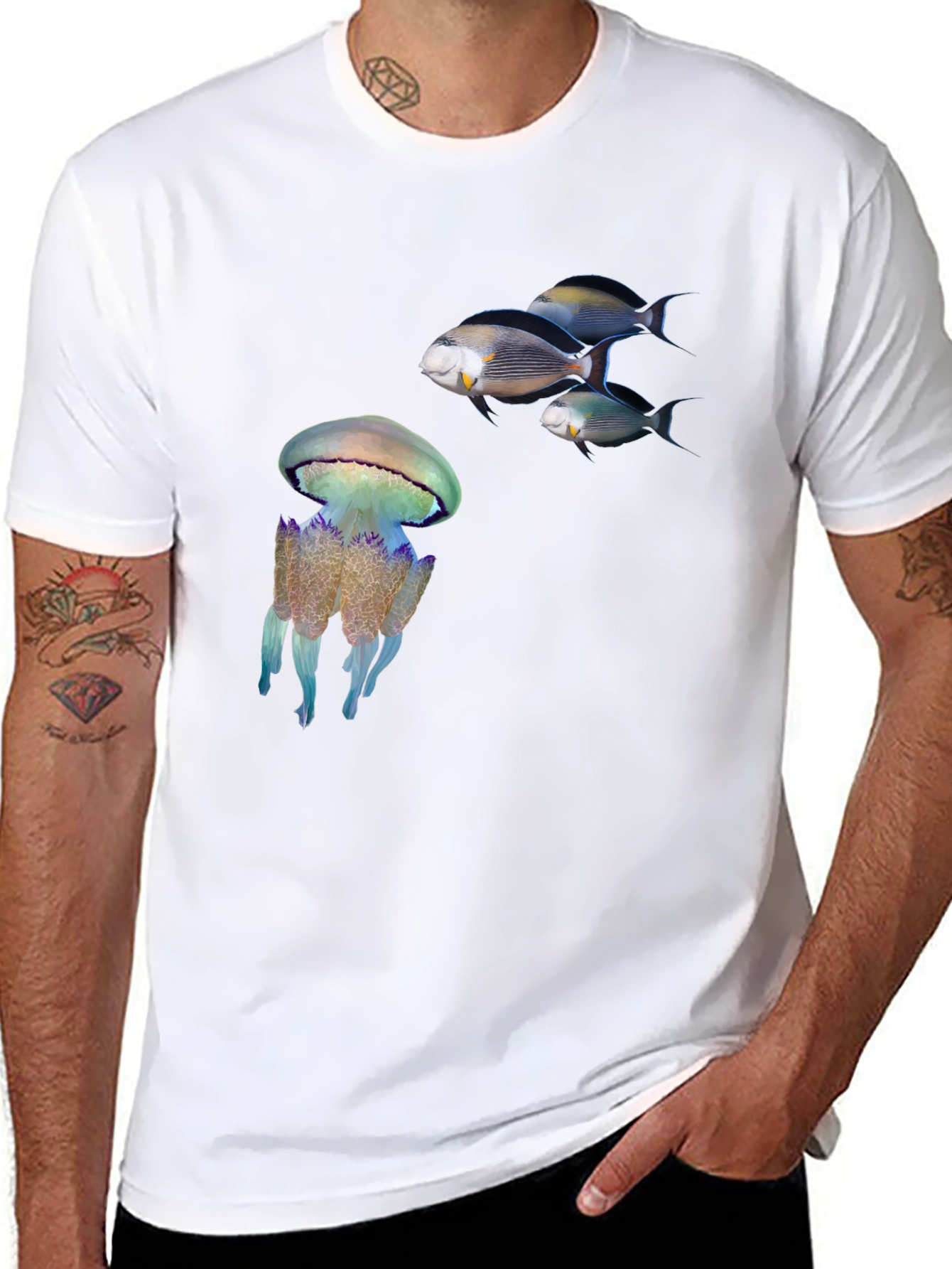 Ocean Life Black T-Shirt: Jellyfish & Fish