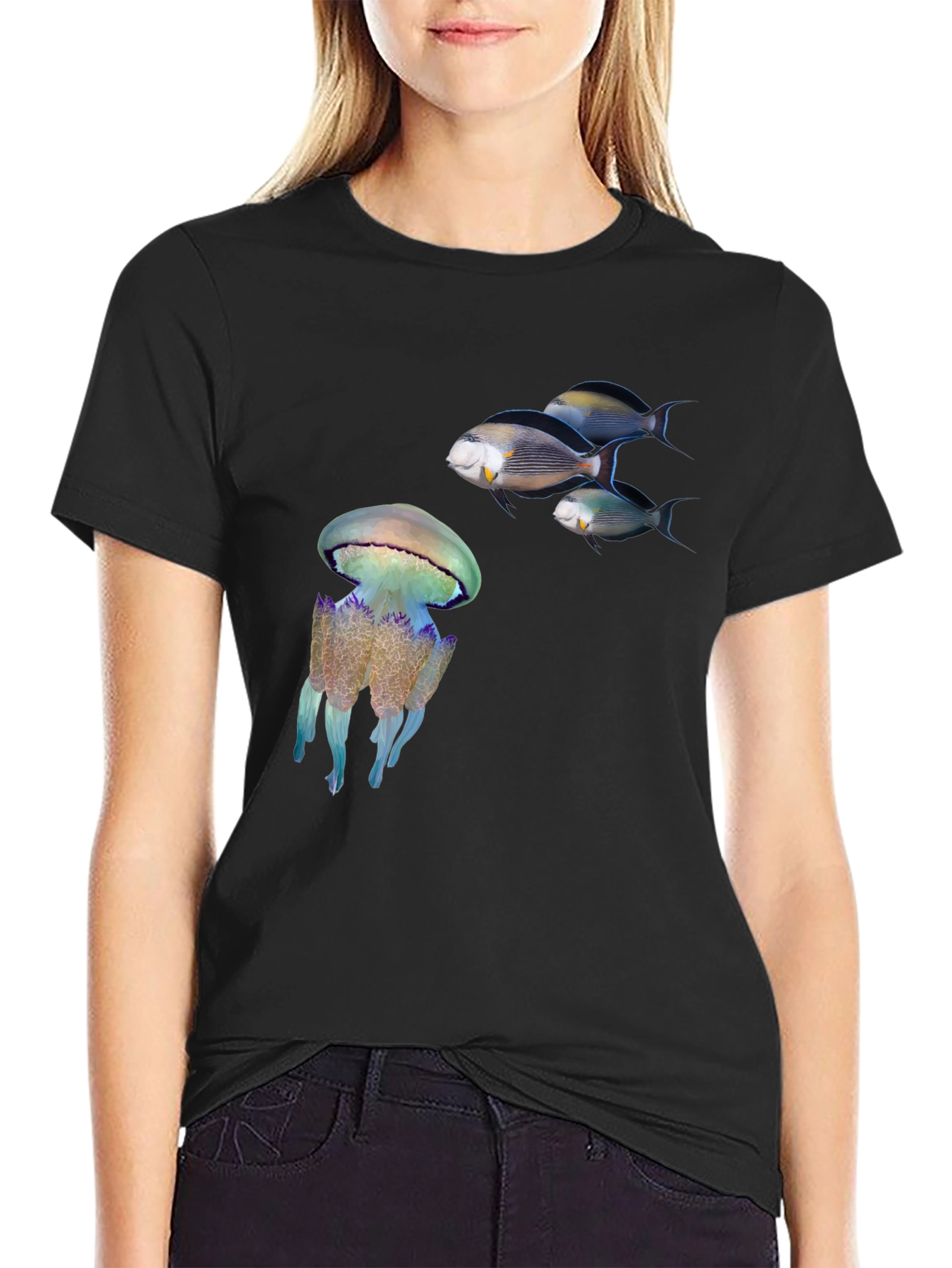 Ocean Life Black T-Shirt: Jellyfish & Fish