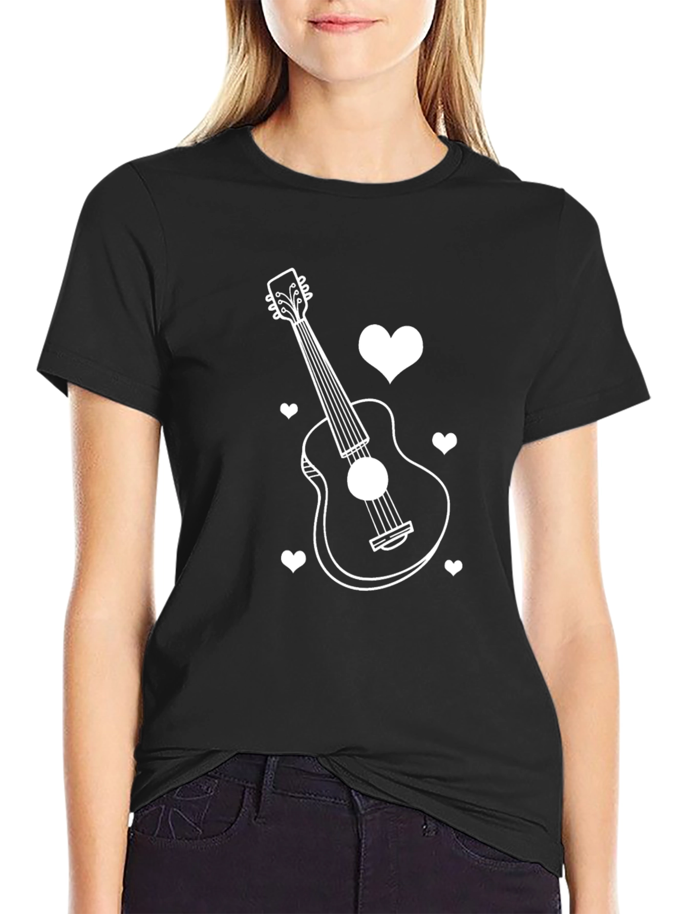Guitar and Hearts Black T-Shirt - Music Lover Tee