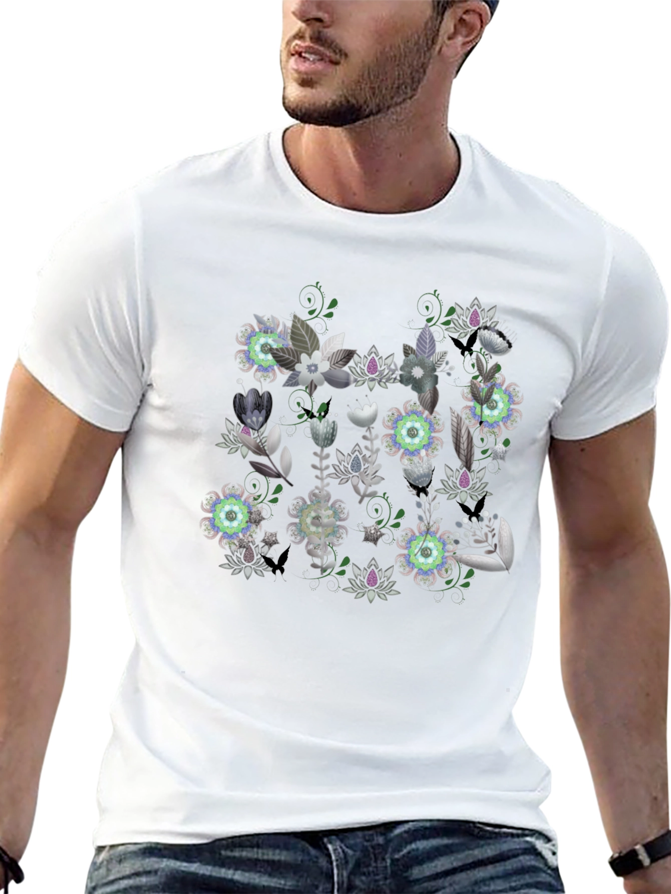 Floral Graphic Black T-Shirt - Stylish Mens Tee
