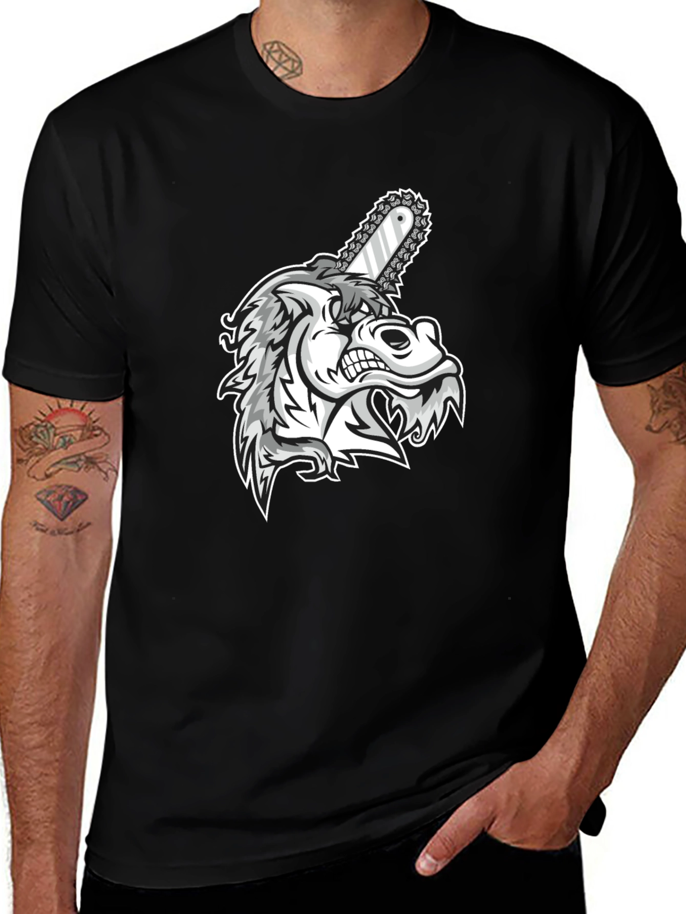 Mens Black Graphic Tee - Wolf with Chainsaw