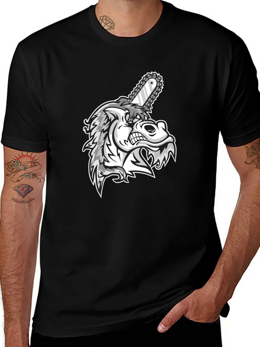 Mens Black Graphic Tee - Wolf with Chainsaw