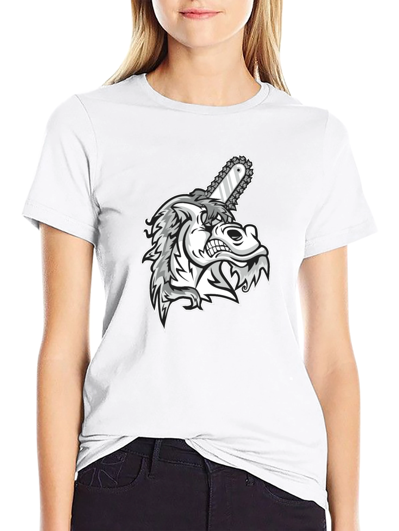 Mens Black Graphic Tee - Wolf with Chainsaw