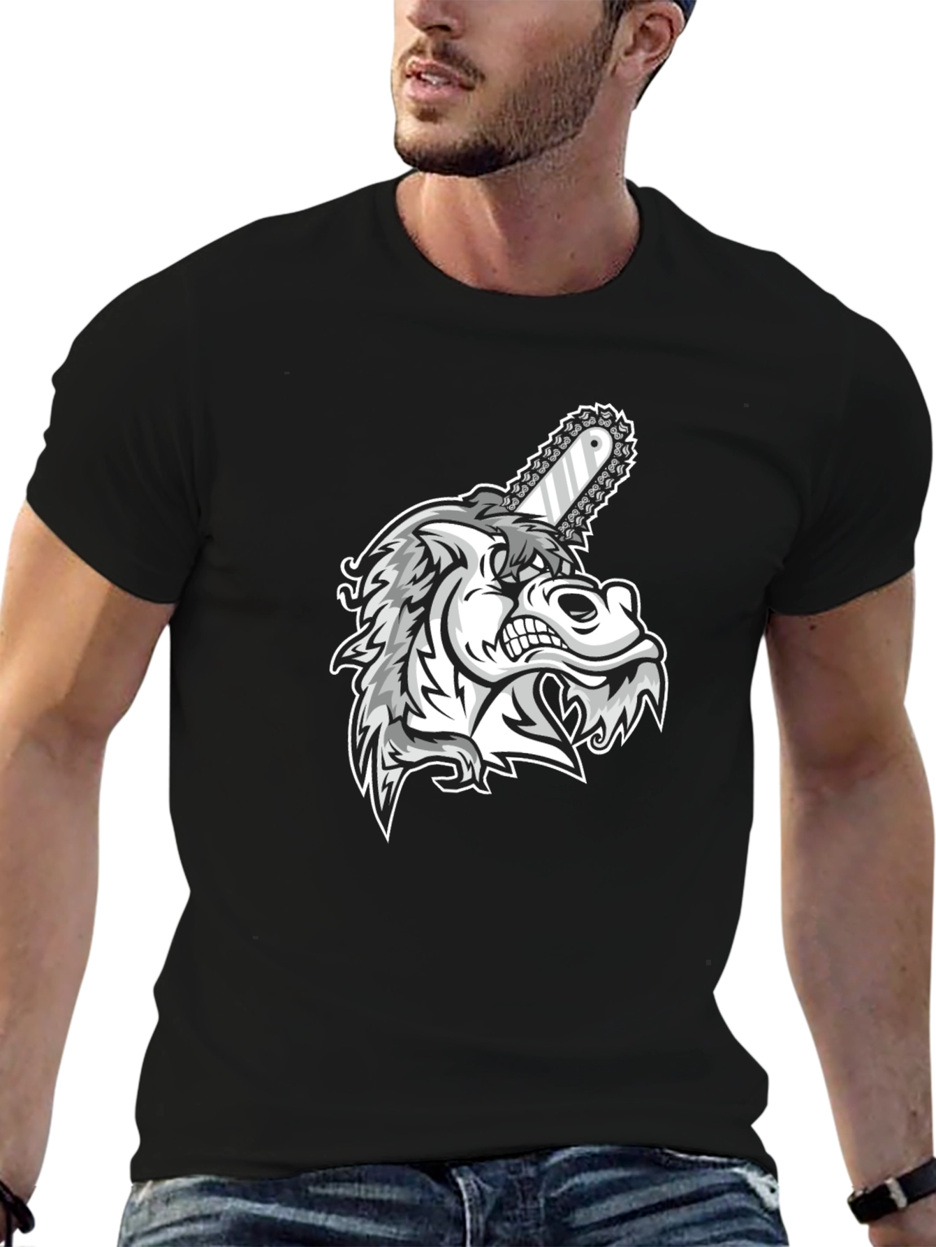 Mens Black Graphic Tee - Wolf with Chainsaw