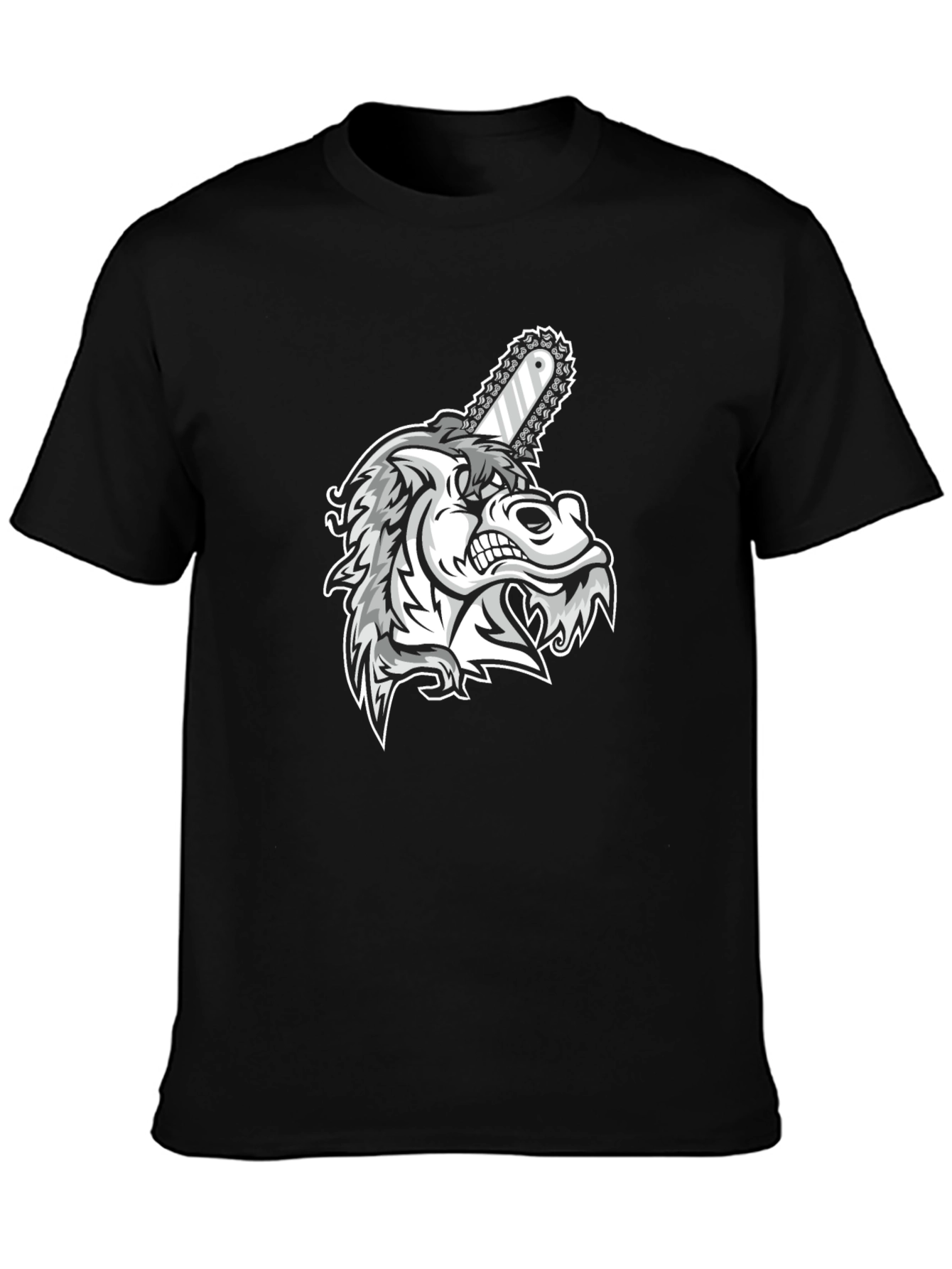 Mens Black Graphic Tee - Wolf with Chainsaw